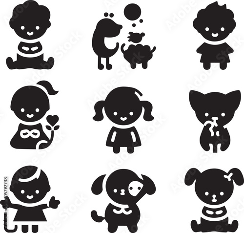 Set of silhouettes kids baby children editable vector icon in various poses