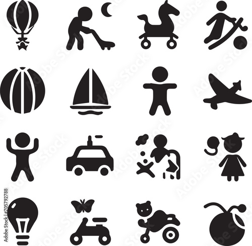 Set of silhouettes kids baby children editable vector icon in various poses
