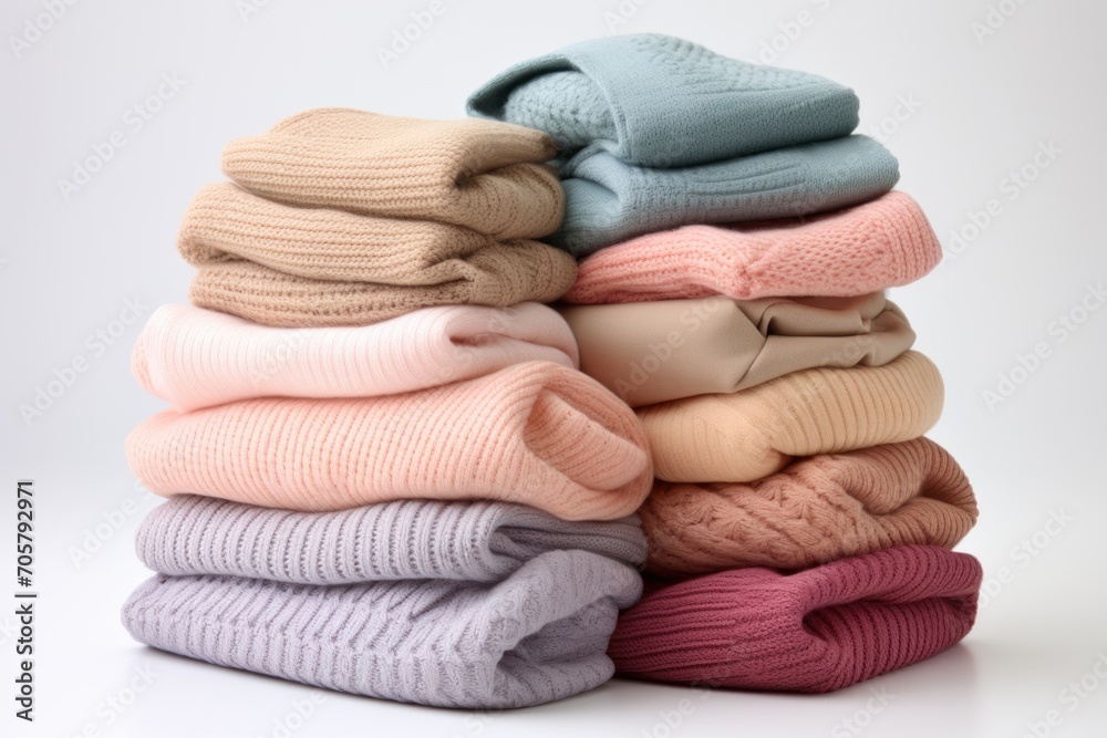  a stack of folded sweaters and a pile of folded sweaters and a pile of folded sweaters and a pile of folded sweaters on a white background.
