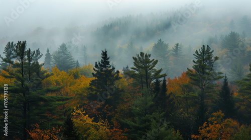 landscape, autumn forest in fog - photo ad. Nature, tourism. Fresh air. Travel, relaxing atmosphere. Scandinavia.