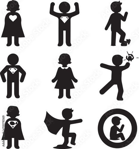 Set of silhouettes kids baby children editable vector icon in various poses