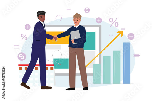 Two men shaking hands as sign of the good deal, agreement in flat style on black background. Unity in business concept illustration. .