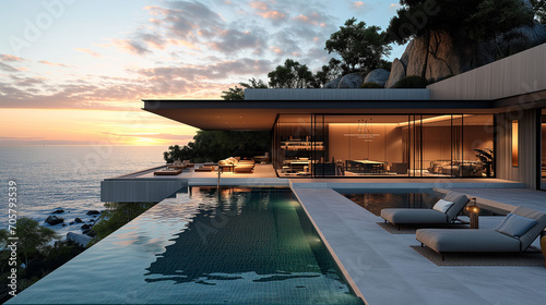 Modern house by the sea during the morning sunrise
