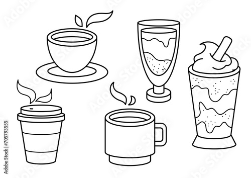 Cups with coffee and tea, hot drinks. Cute coloring page for kids and adults, black and white vector illustration.