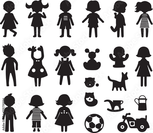 Set of silhouettes kids baby children editable vector icon in various poses