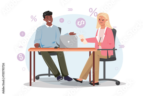 Young black man with a blond woman sitting and discussing business at the desk. Vector illustration.