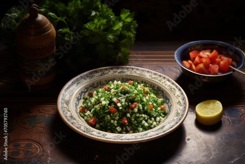  a close up of a bowl of food on a table with a lemon and a bowl of vegetables on a table with a lemon slice and a jar of parsley in the background.
