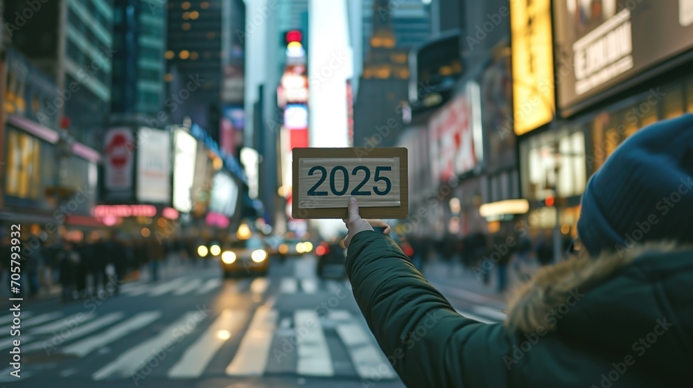 new year concept, 2025 written on sign, holding by a girl, wide lense, urban area, generative ai