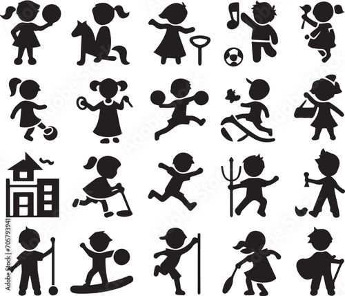 Set of silhouettes kids baby children editable vector icon in various poses