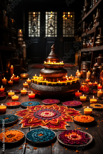 Diwali brilliance - vibrant oil lamps casting a warm glow, surrounded by a delicate floral mandala on a blurred bokeh background, symbolizing the festival's luminous essence.