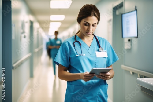 Young female doctor using a digital tablet in a corridor of a hospital, Female Doctor Wearing Scrubs In Hospital Corridor Using Digital Tablet, AI Generated