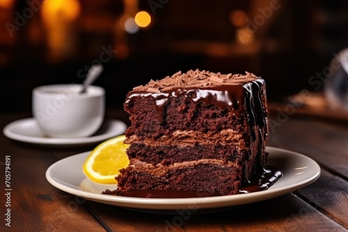  a piece of chocolate cake sitting on top of a white plate next to a cup of coffee and a lemon slice on top of a white plate on a wooden table.