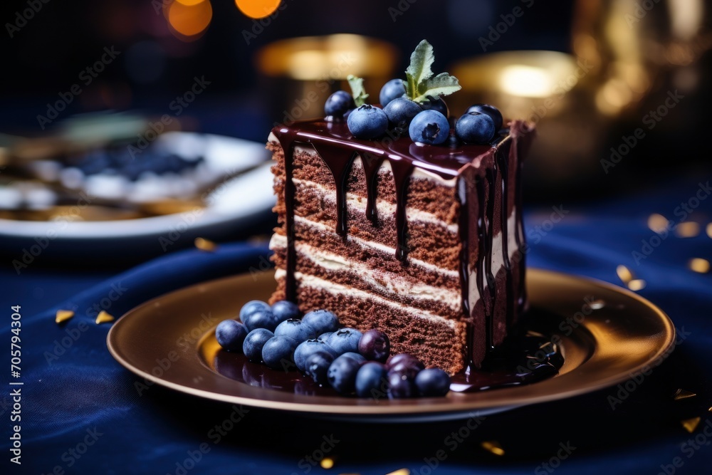  a piece of cake with chocolate icing and blueberries on a plate next to a plate of blueberries and a plate with a slice of cake on it.