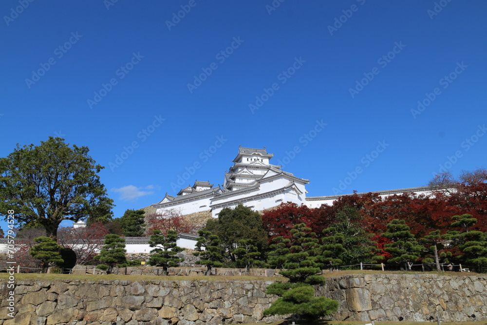 Himeji Castle and clear blue sky viewed from Sannomaru Square in Himeji, Japan Himeji Castle and clear blue sky viewed from Sannomaru Square in Himeji, Japan