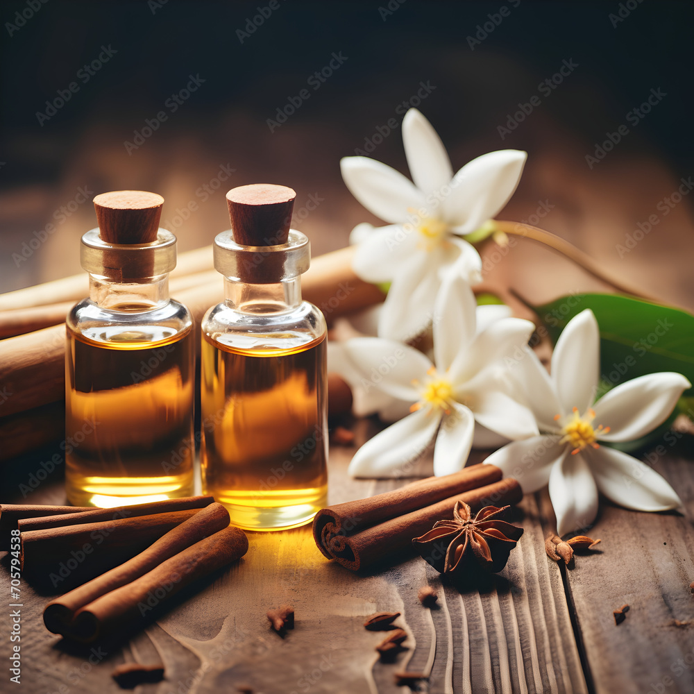 Spa essential oils with jasmine flowers and cinnamon Spa essential oils with jasmine flowers and cinnamon