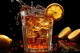  a glass of ice tea with a slice of lemon and a slice of orange on the side of the glass and some cranberries and oranges in the background.