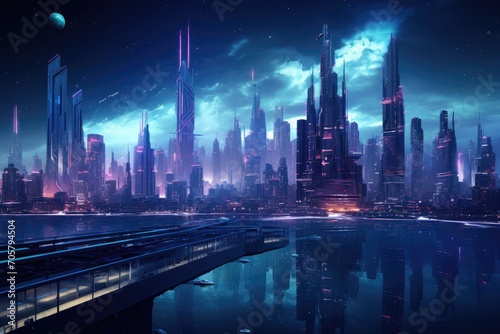 Futuristic city in the night. Futuristic city concept  Epic wide shot of a futuristic cyberpunk cityscape at night  AI Generated