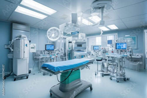 Interior of a modern operating room with medical equipment. 3D rendering  Equipment and medical devices in modern operating room  AI Generated