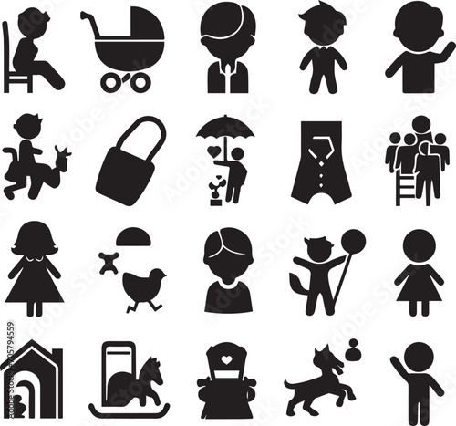 Set of silhouettes kids baby children editable vector icon in various poses