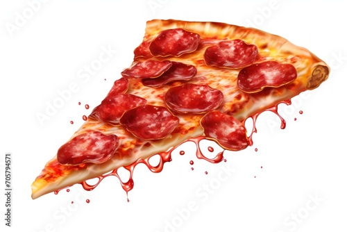  a slice of pepperoni pizza on a white background with blood dripping from the top of the slice and the rest of the pizza on the bottom of the plate.