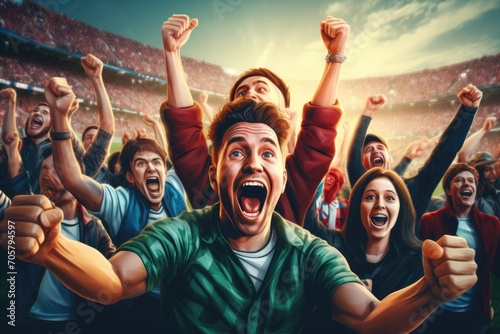 Excited football fan cheering with raised hands at a soccer stadium, Excited football fans cheering a goal, supporting favorite players, AI Generated photo