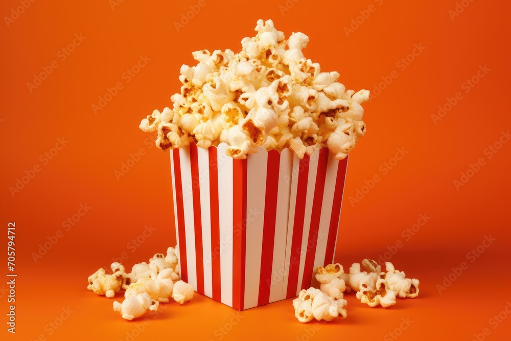 Popcorn falling into a bucket on orange background. 3d rendering, Explosive caramel popcorn in box isolated on orange background, AI Generated