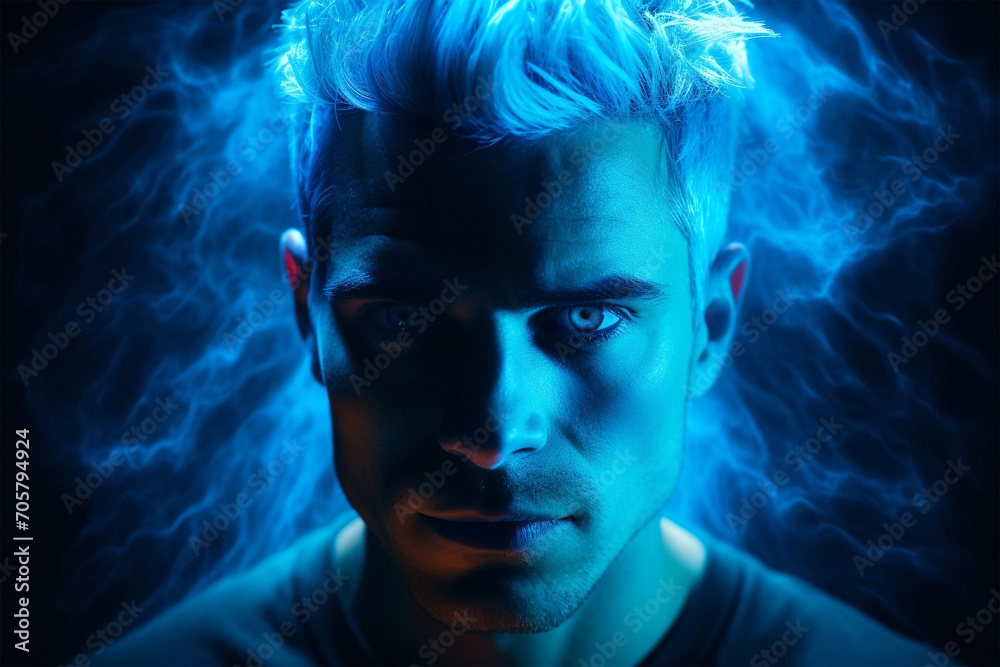 Blond young man portrait with neon painted face Blond young man portrait with neon painted face
