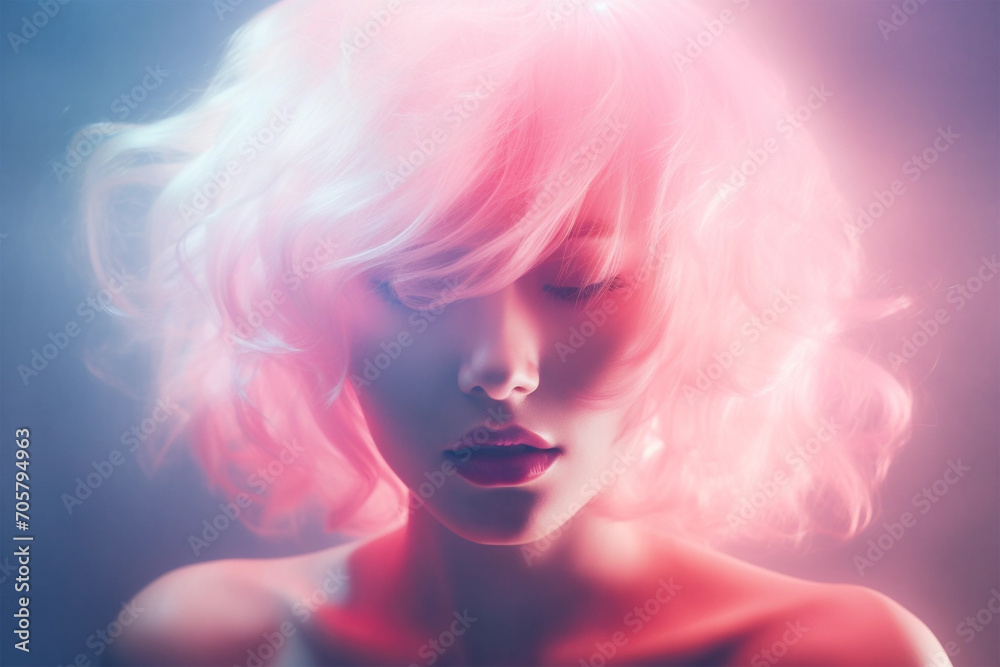 Pink hair young woman portrait with digital holografic effect