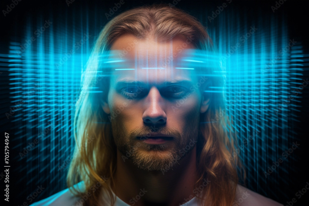 Blond longhaired young man portrait with digital holografic effect
