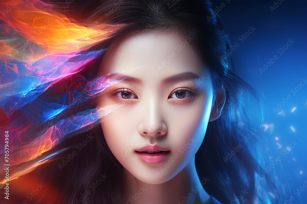 Beautiful young korean woman portrait with digital holografic effect
