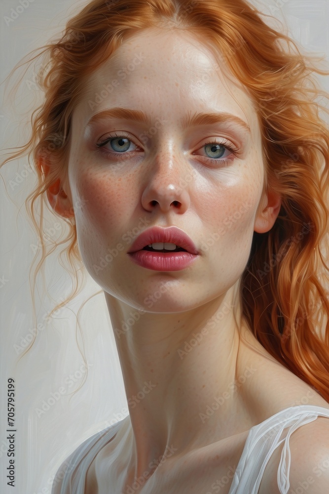 Close-up portrait of a charming red-haired woman with blue eyes, sensual lips, rosy cheeks on a white background. Natural Beauty, clean skin, youthful concept.