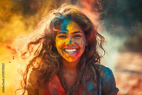 Portrait of young woman in colorful powder on indian street  Holi festival