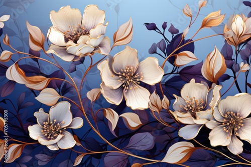  a painting of a bunch of flowers on a blue background with leaves and flowers in the middle of the frame, with a blue background with a blue and gold border.