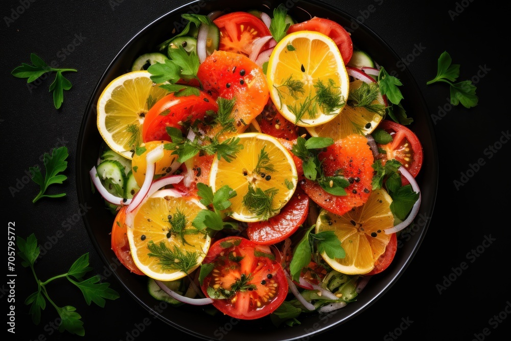 a bowl filled with sliced oranges, onions, tomatoes, onions, and parsley on top of a black tablecloth with green leaves and a black background. a bowl filled with sliced oranges, onions, tomatoes, onions, and parsley on top of a black tablecloth with green leaves and a black background.