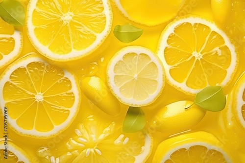  a group of sliced lemons sitting on top of a yellow surface with green leaves on the top of the lemons and on the bottom of the sliced lemons.