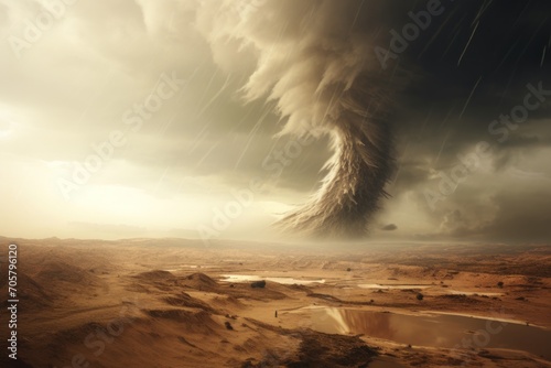  a very large tornado is coming out of the sky over a desert area with a pool of water in the foreground and a small pond in the foreground.