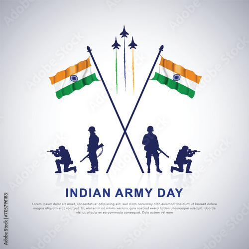 India Army Day poster design | soldier, silhouette. flag, of India. Patriotic Vector, illustration | Indian army day post | 15 January | social media, post, advertising, 