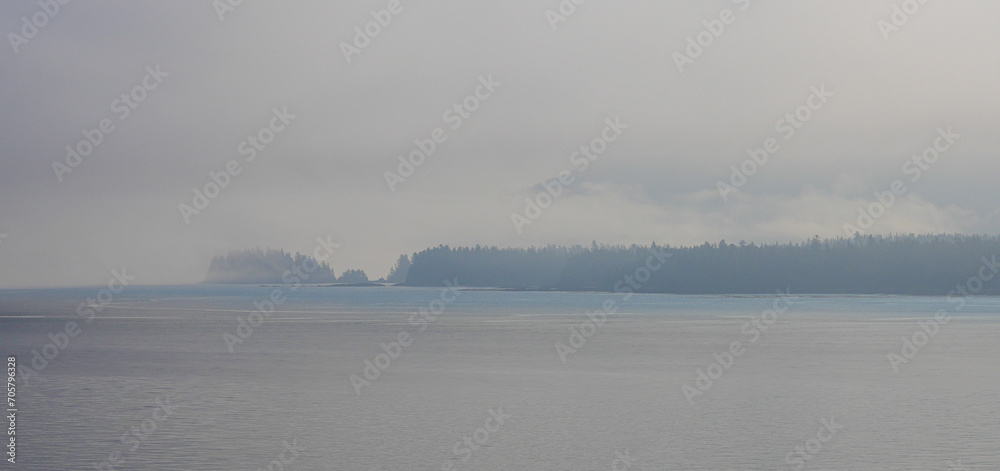 View of the foggy Tongass National Forest on Kuiu Island in the Inside Passage of Southeastern Alaska in the Pacific Ocean, USA