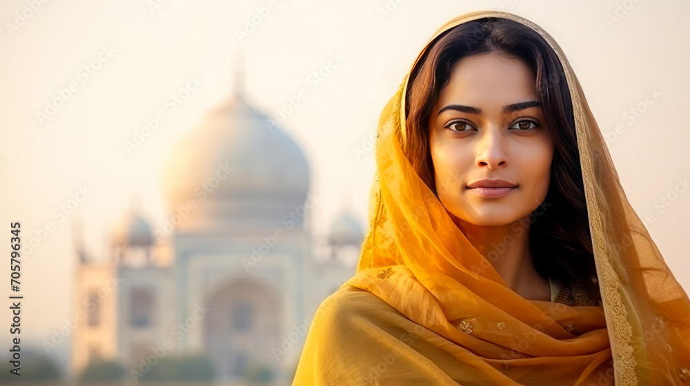 Beautiful native indian woman portrait with Taj Mahal background. India ...