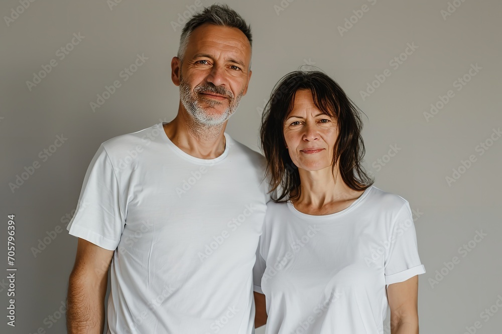 An older, wiser pair against a white backdrop wearing matching mockup white t-shirts, Generative AI. An older, wiser pair against a white backdrop wearing matching mockup white t-shirts, Generative AI.