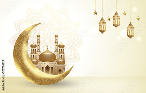 Islamic Background with gold mosque, crescent moon and lantern for celebration