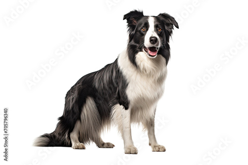 Black and white border collie sitting, isolated on white, transparent background, PNG. Portret of purebred dog, australian shepherd, pet.  photo