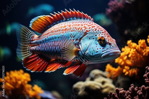  a close up of a red and blue fish in an aquarium with corals and other corals in the background and a dark blue sky in the foreground.
