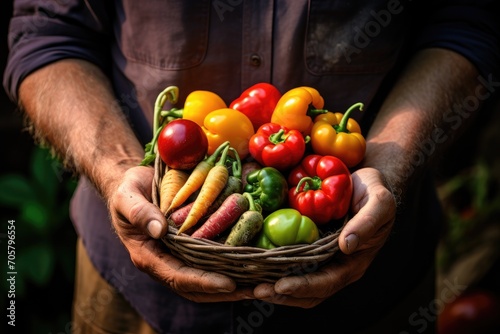 Farmer holding a basket full of fresh organic vegetables. Selective focus, Farmers hands with freshly harvested vegetables, AI Generated