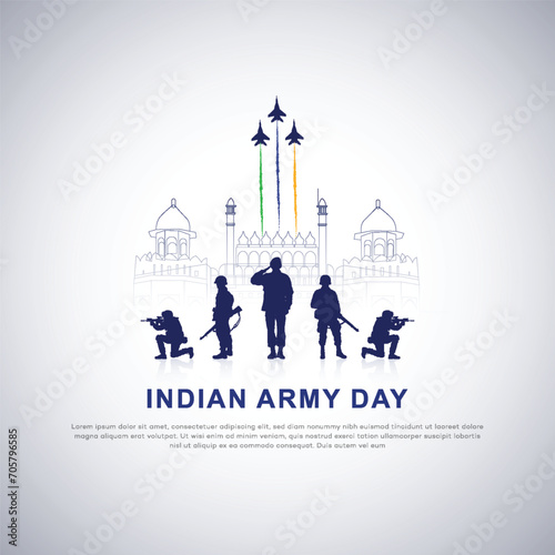 India Army Day poster design | soldier, silhouette. flag, of India. Patriotic Vector, illustration | Indian army day post | 15 January | social media, post, advertising, 