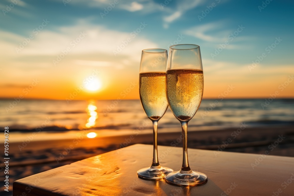  two glasses of champagne sitting on top of a wooden table next to the ocean with the sun setting over the ocean in the backgrouund of the ocean.