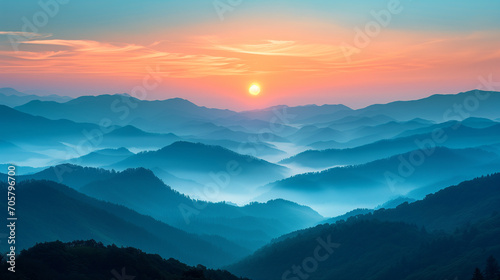 Misty mountains in the morning. Fog. Landing page, background, banner. Sunset in mountain, Urals, Alps, Andes, foggy wallpaper. Colorful, abstract photo
