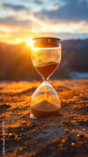 Hourglass at the break of dawn. An hourglass with sand going through the glass bulbs is used to measure the amount of time that passes before a deadline..