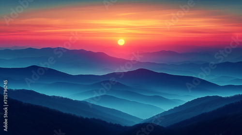 Misty mountains in the morning, horizontal landscape. Landing page, background, banner © Lexxx20