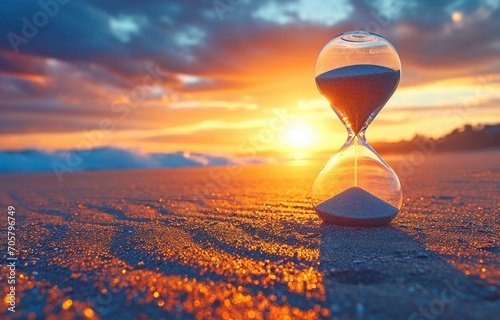 Hourglass at the break of dawn. An hourglass with sand going through the glass bulbs is used to measure the amount of time that passes before a deadline..